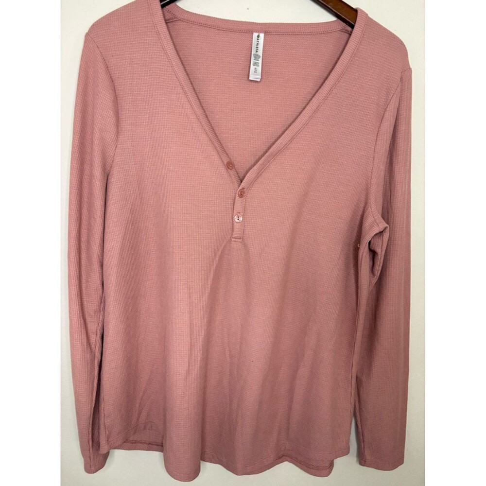 Athleta Waffle Knit Henley Top Pink Long Sleeve XL Cozy Soft